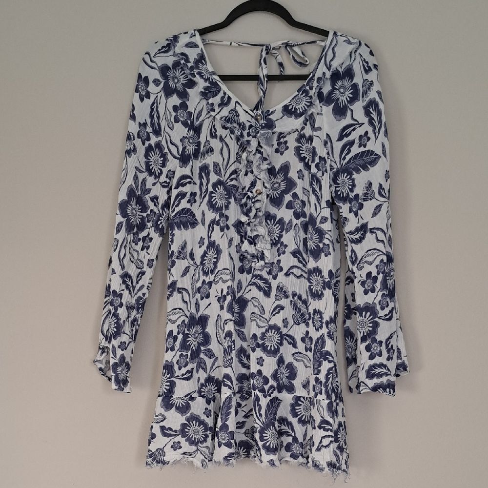 Anthropologie Navy and White Floral Long Sleeve Dress